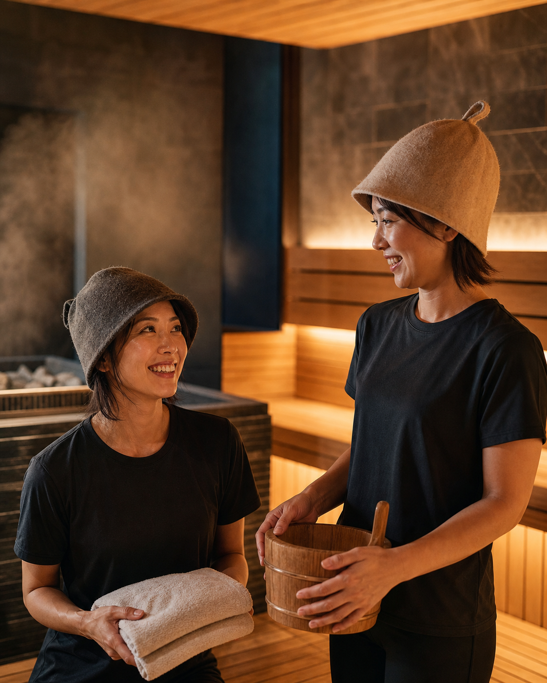 サウナ内で準備をする女性アウフギーサーのイメージ